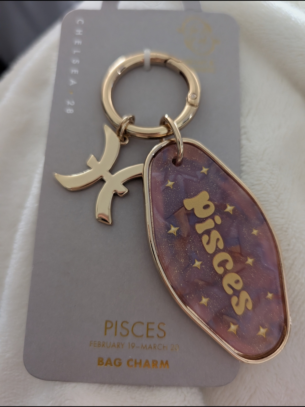 Gold Pisces Bag Charm - Purple Resin Zodiac Keychain